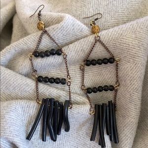 Wood Beaded Black Dangle Earrings